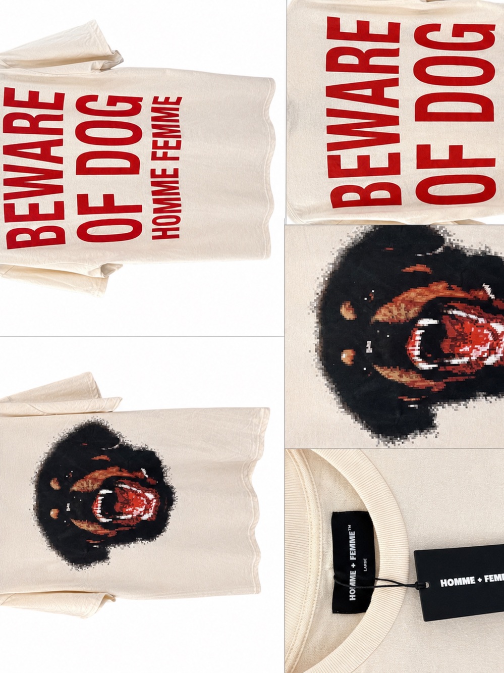 Homme + Femme “Beware of Dog” Graphic Tee – Cream – Size Large – NWT